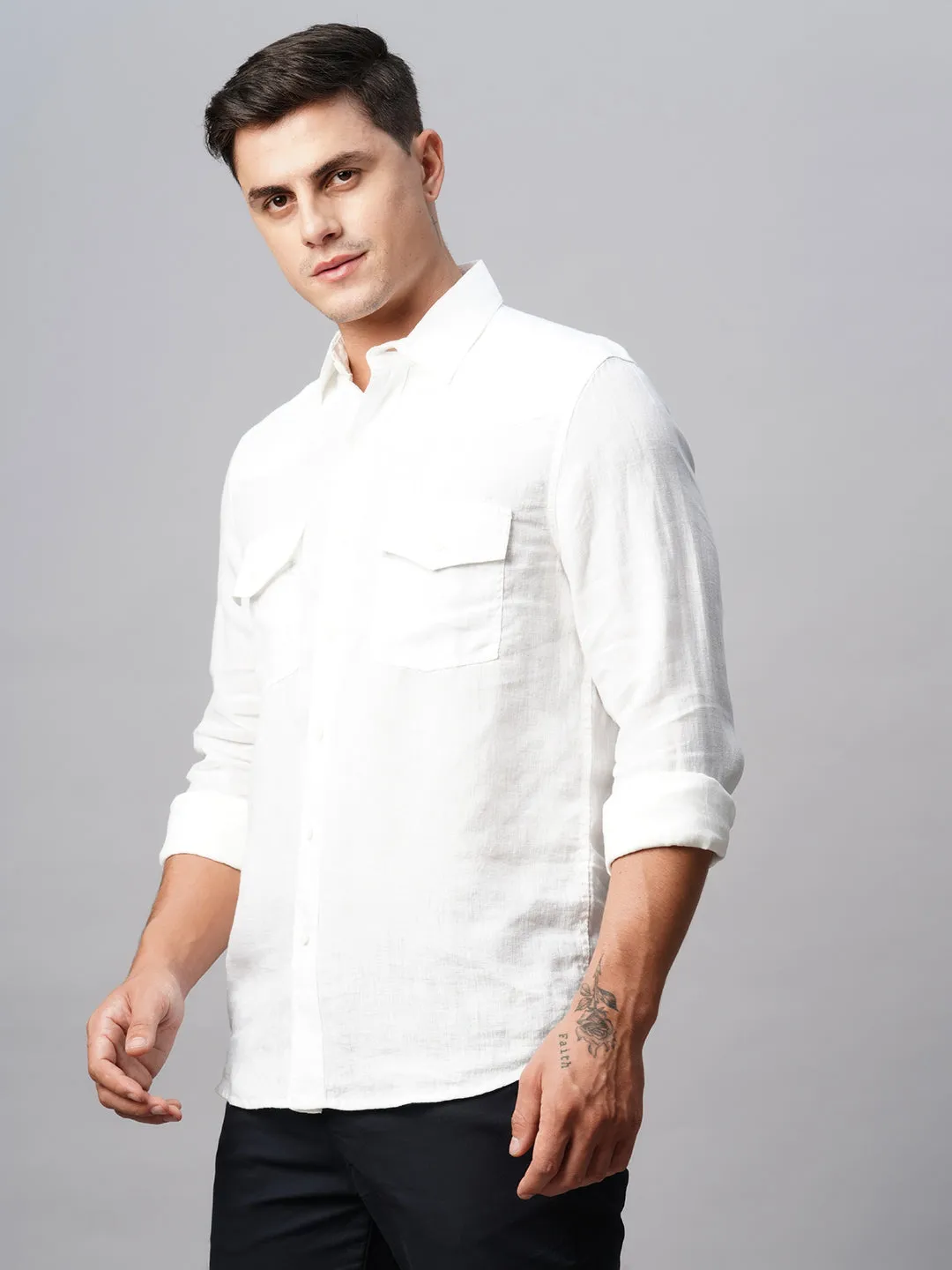 Men's 100% White Linen Regular Fit Long Sleeved Shirt