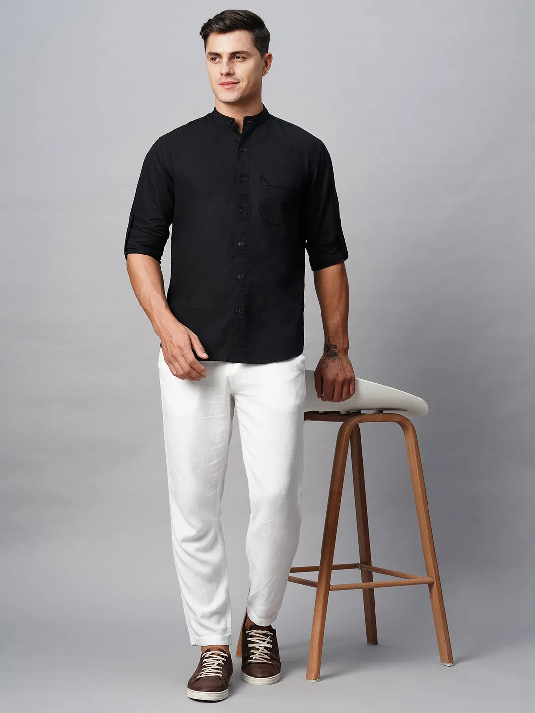 Men's Black Cotton Linen Regular Fit Shirt