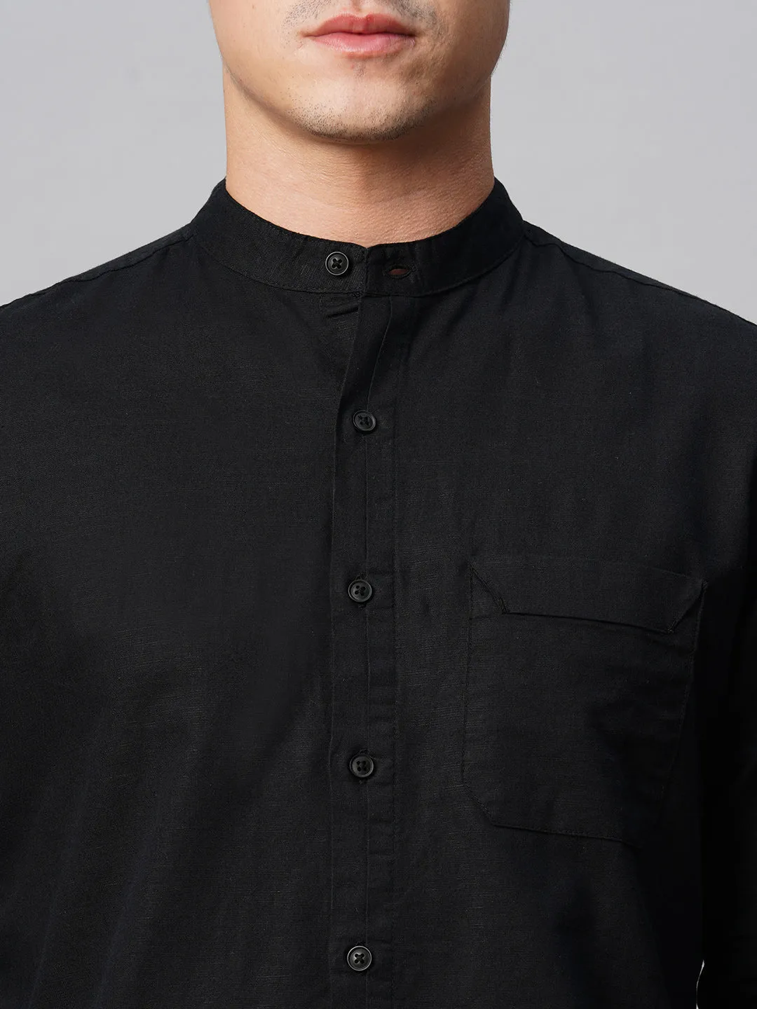 Men's Black Cotton Linen Regular Fit Shirt