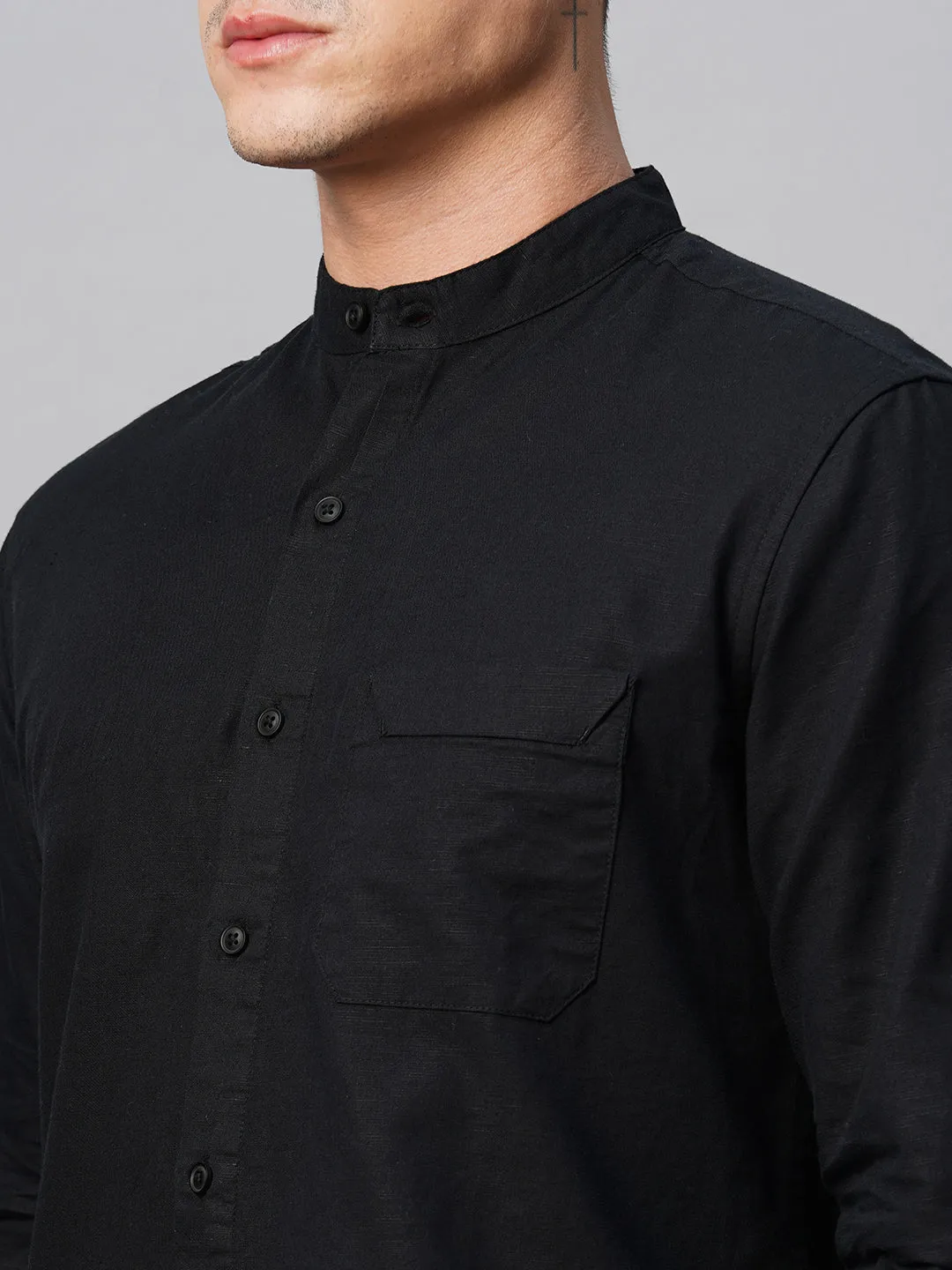 Men's Black Cotton Linen Regular Fit Shirt