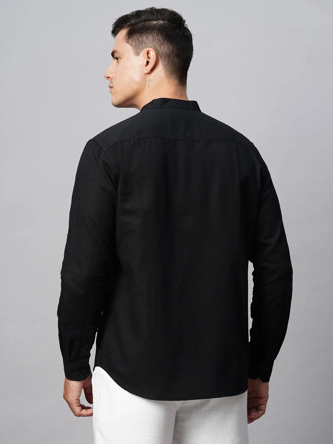 Men's Black Cotton Linen Regular Fit Shirt