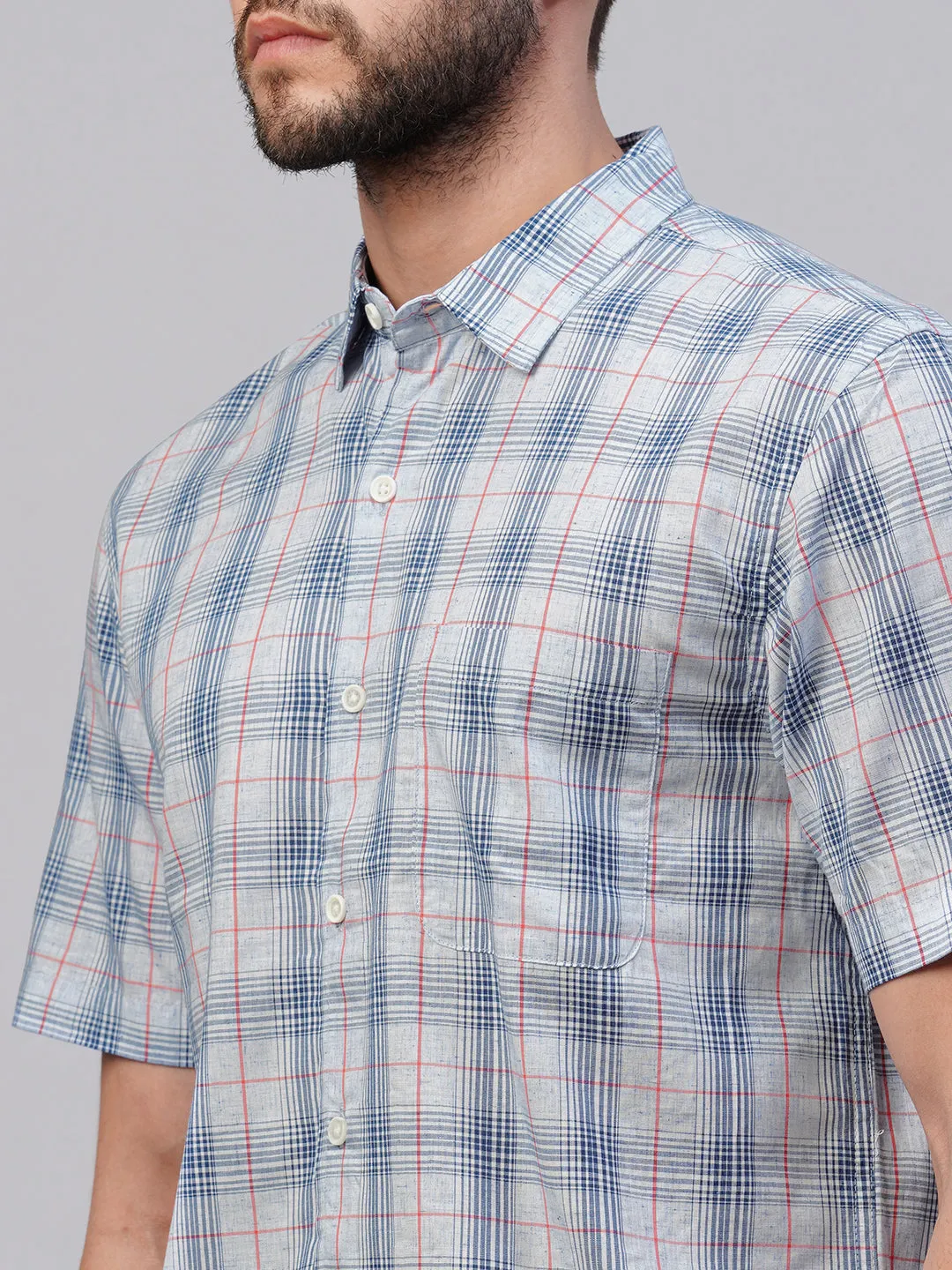 Men's Blue Cotton Lyocell Regular Fit Checked Shirt