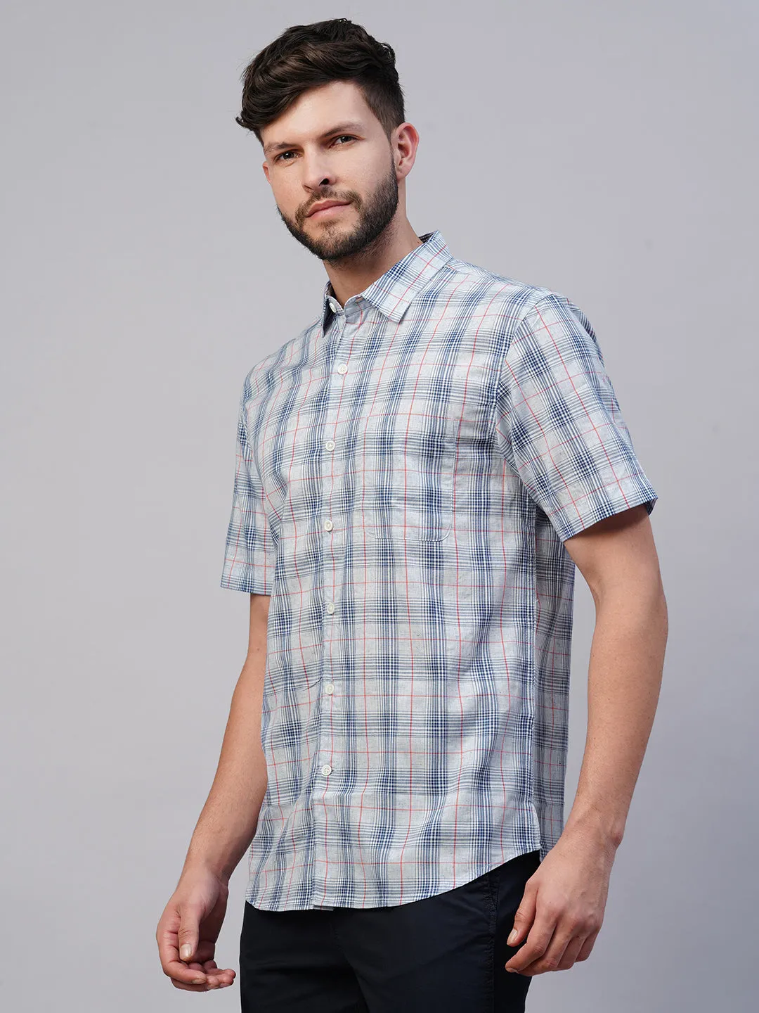 Men's Blue Cotton Lyocell Regular Fit Checked Shirt