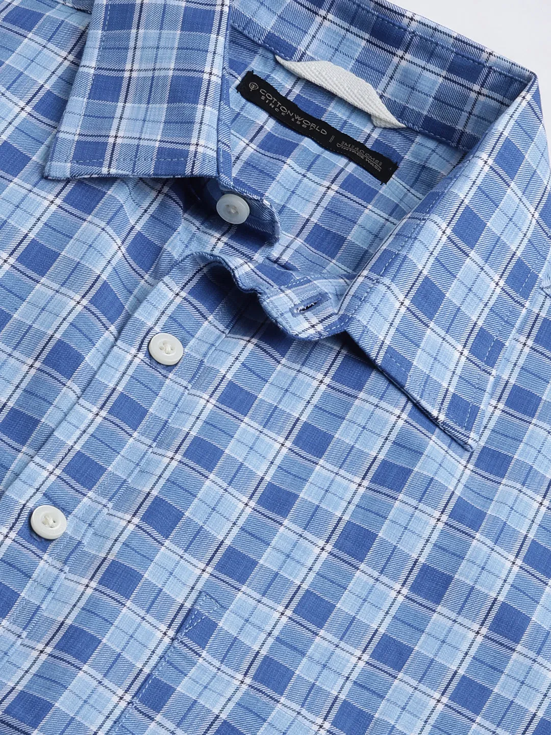 Men's Blue Cotton Regular Fit Checked Shirt