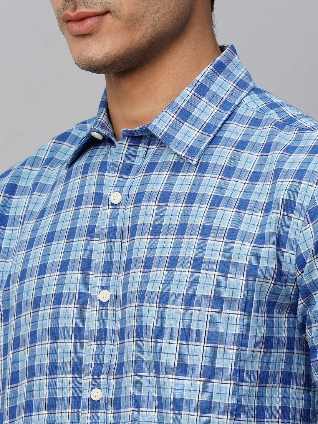 Men's Blue Cotton Regular Fit Checked Shirt