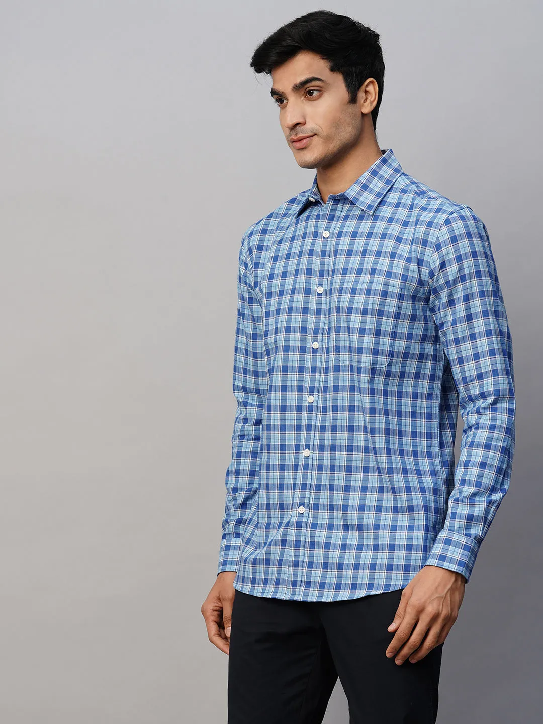 Men's Blue Cotton Regular Fit Checked Shirt