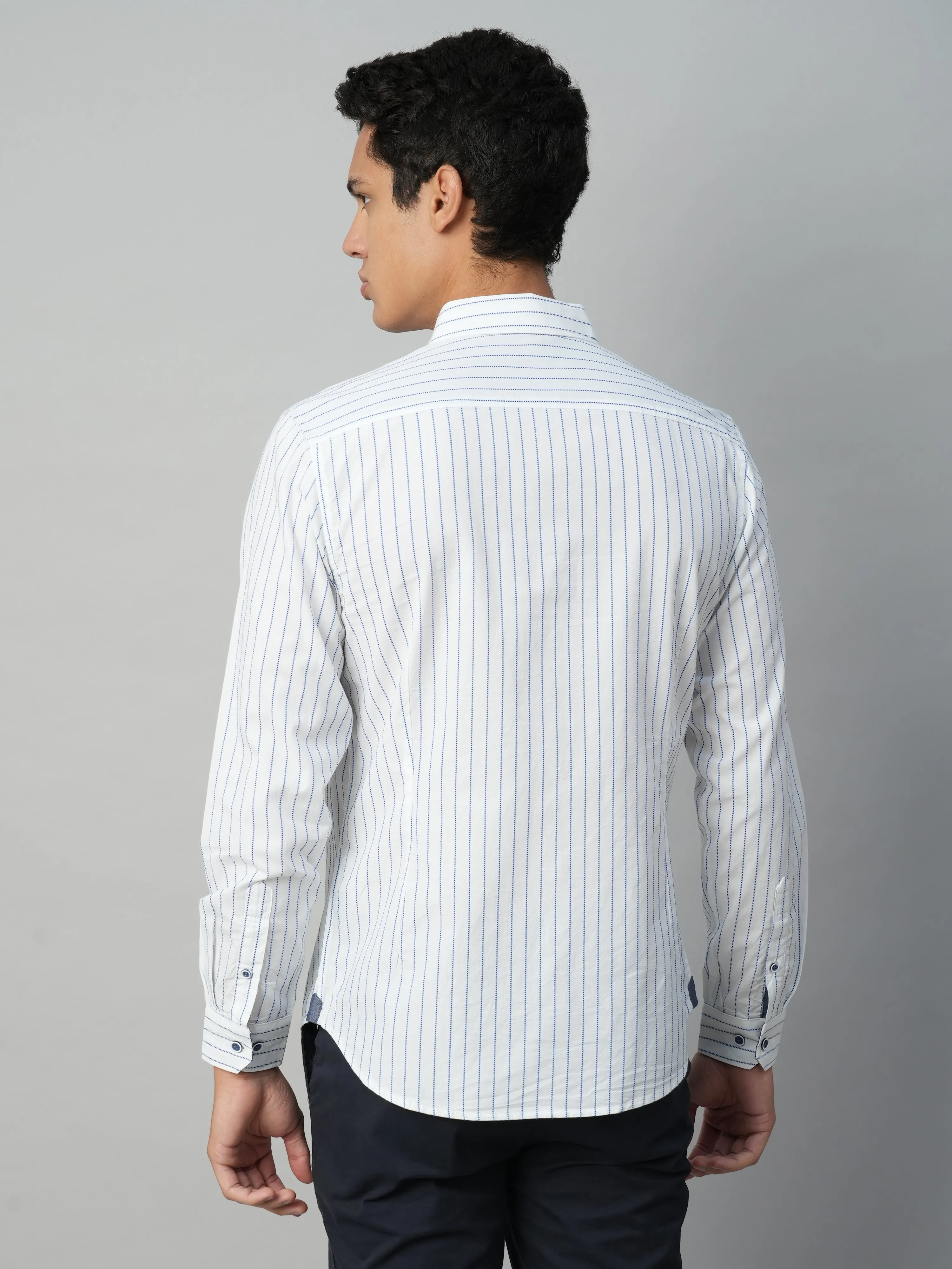 Men's Blue Cotton Slim Fit Striped Shirt