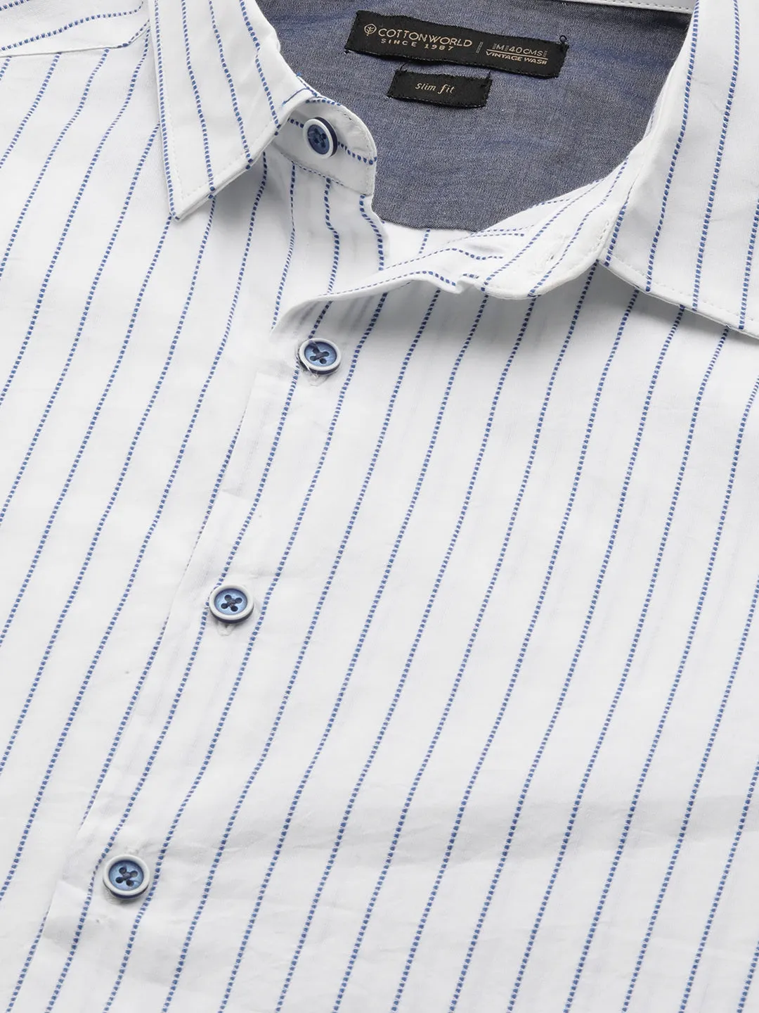 Men's Blue Cotton Slim Fit Striped Shirt