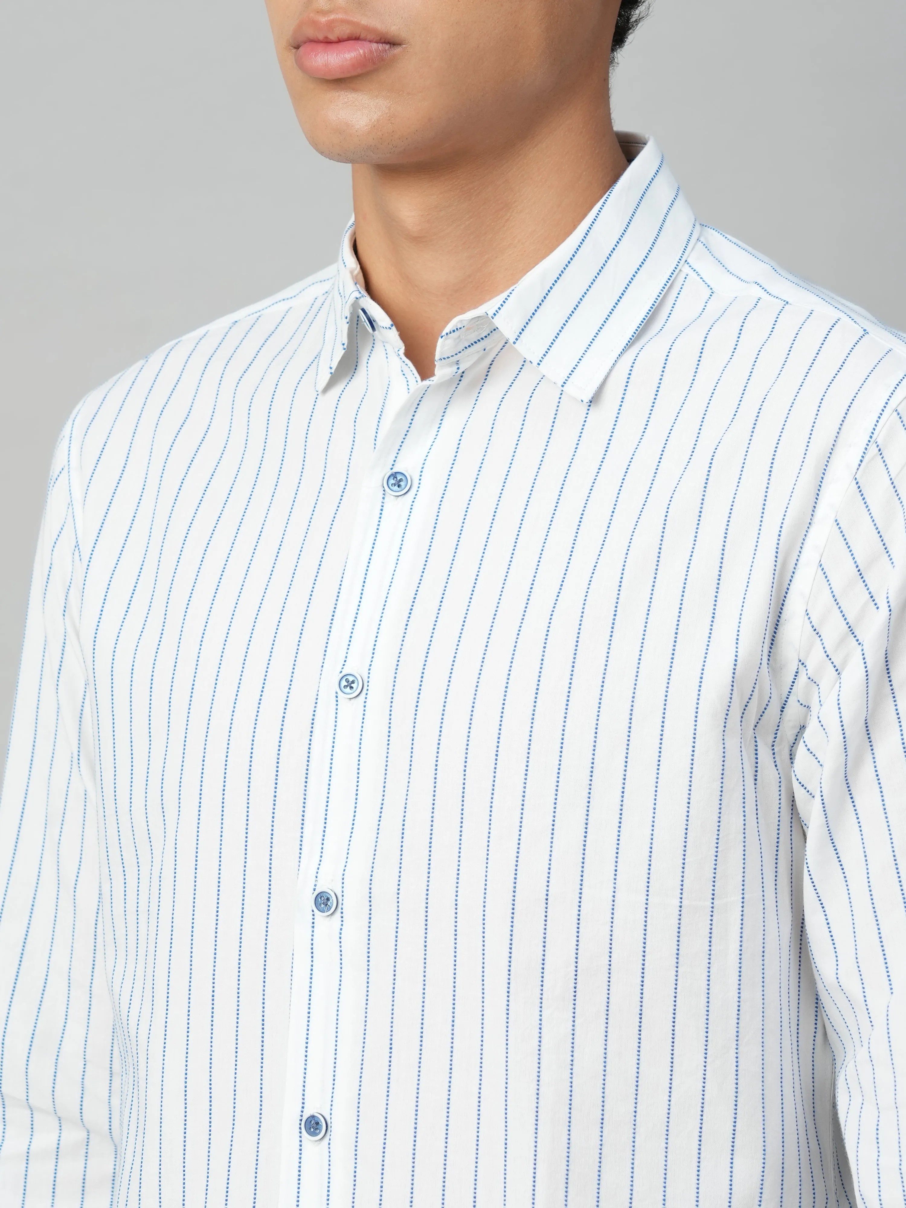 Men's Blue Cotton Slim Fit Striped Shirt