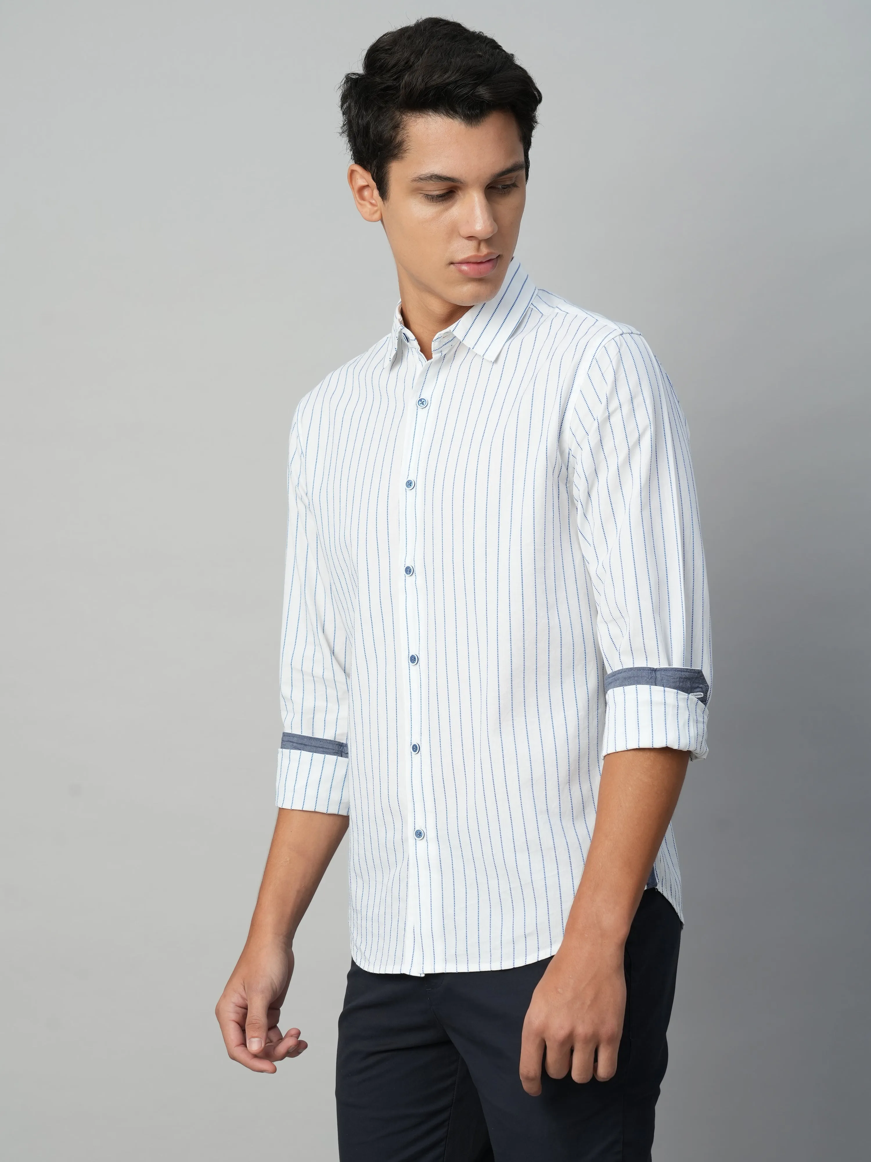 Men's Blue Cotton Slim Fit Striped Shirt