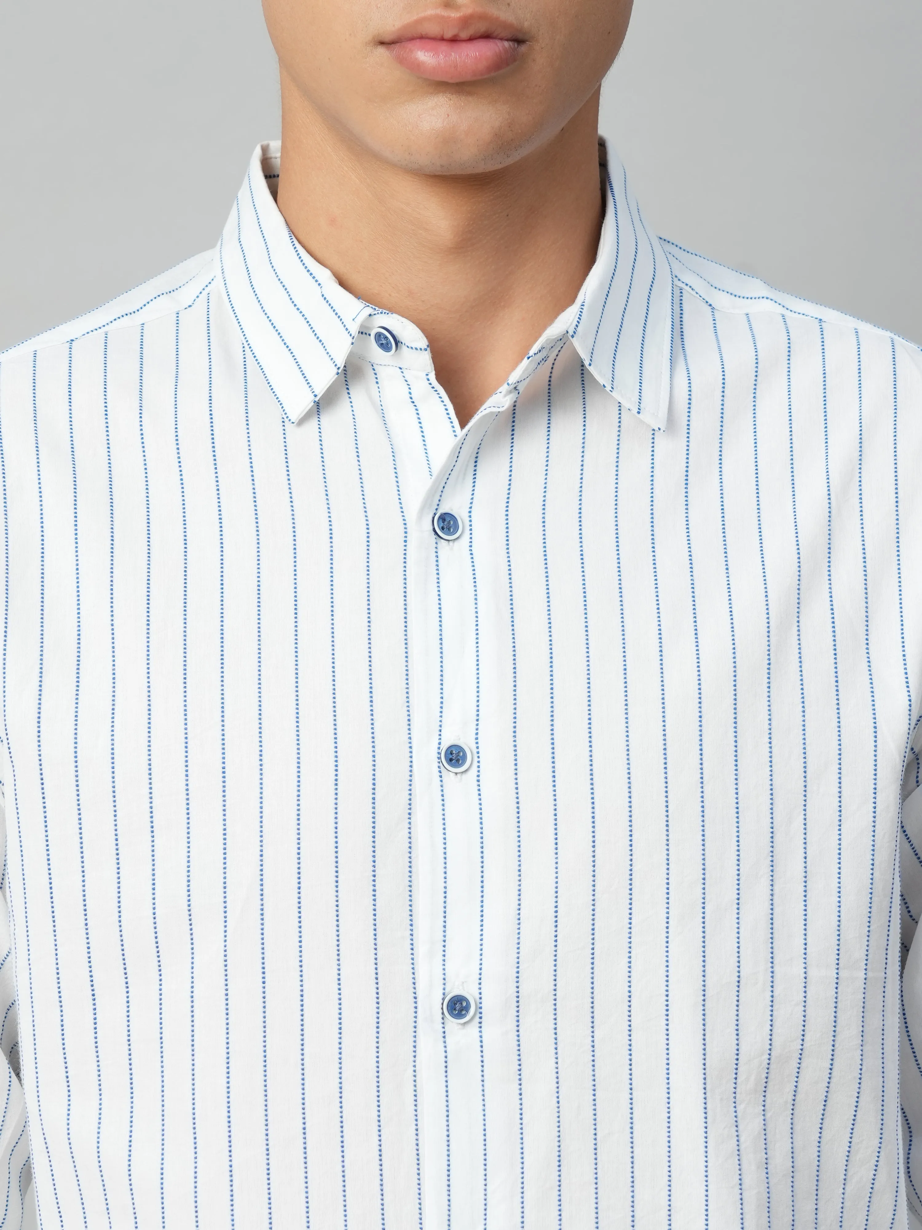 Men's Blue Cotton Slim Fit Striped Shirt