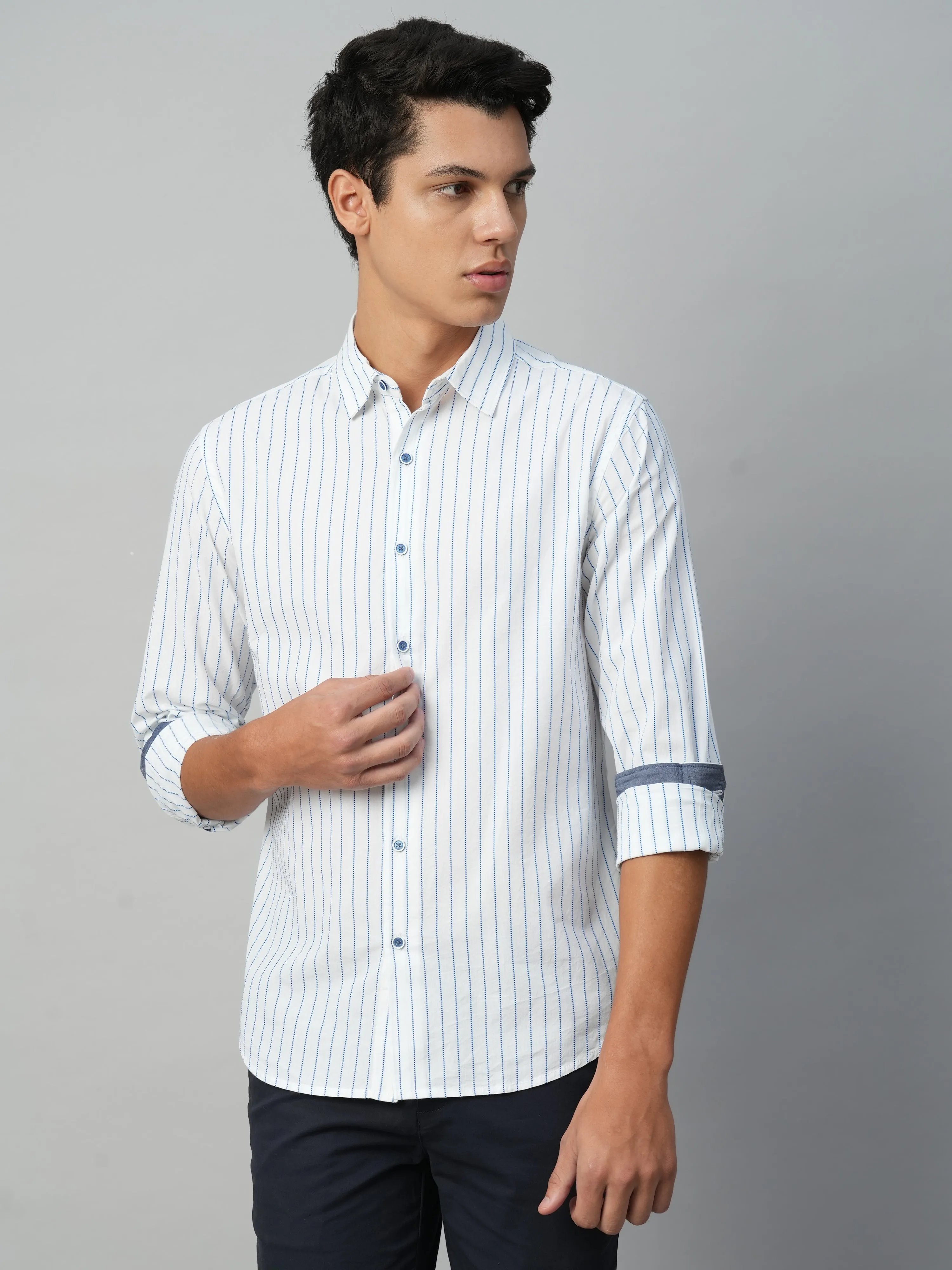 Men's Blue Cotton Slim Fit Striped Shirt