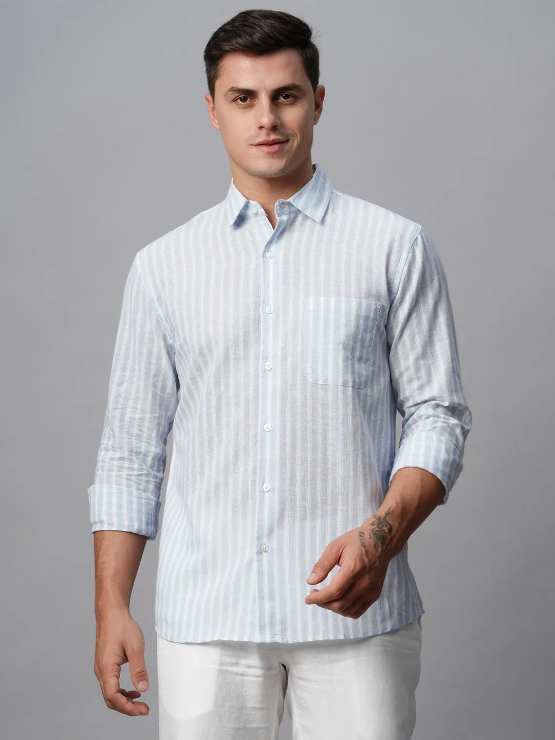 Men's Blue Linen Cotton Regular Fit Striped Shirt