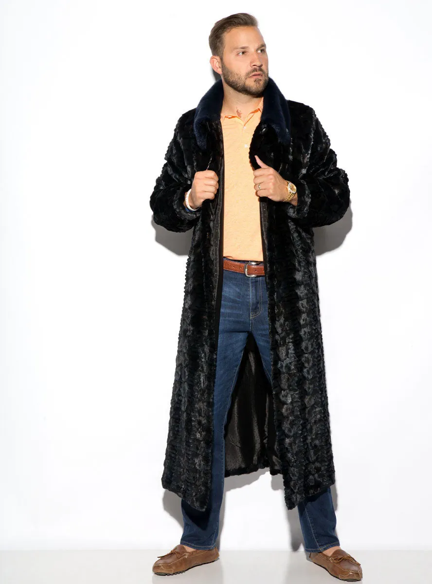 Men's Full Length Sculptured Mink Fur Coat with Full Mink Fur Collar