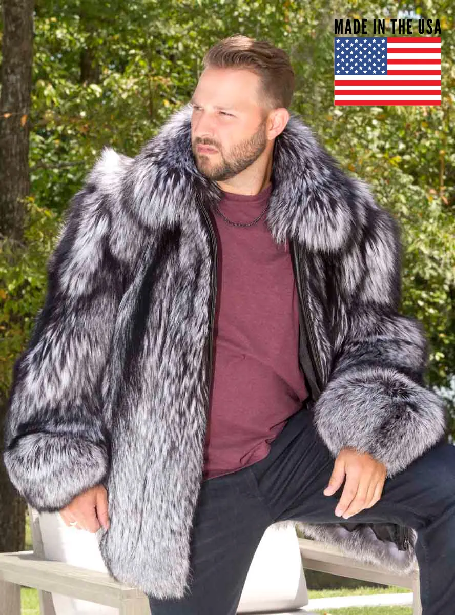 Men's Full Skin Silver Fox Fur Bomber Jacket