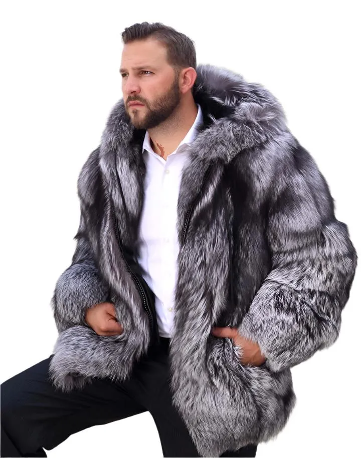 Men's Full Skin Silver Fox Fur Bomber Jacket