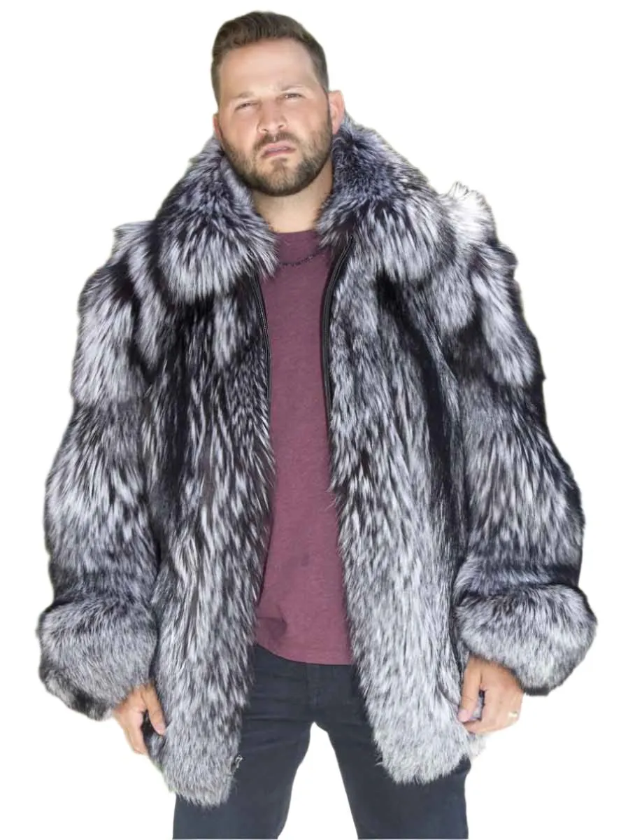 Men's Full Skin Silver Fox Fur Bomber Jacket