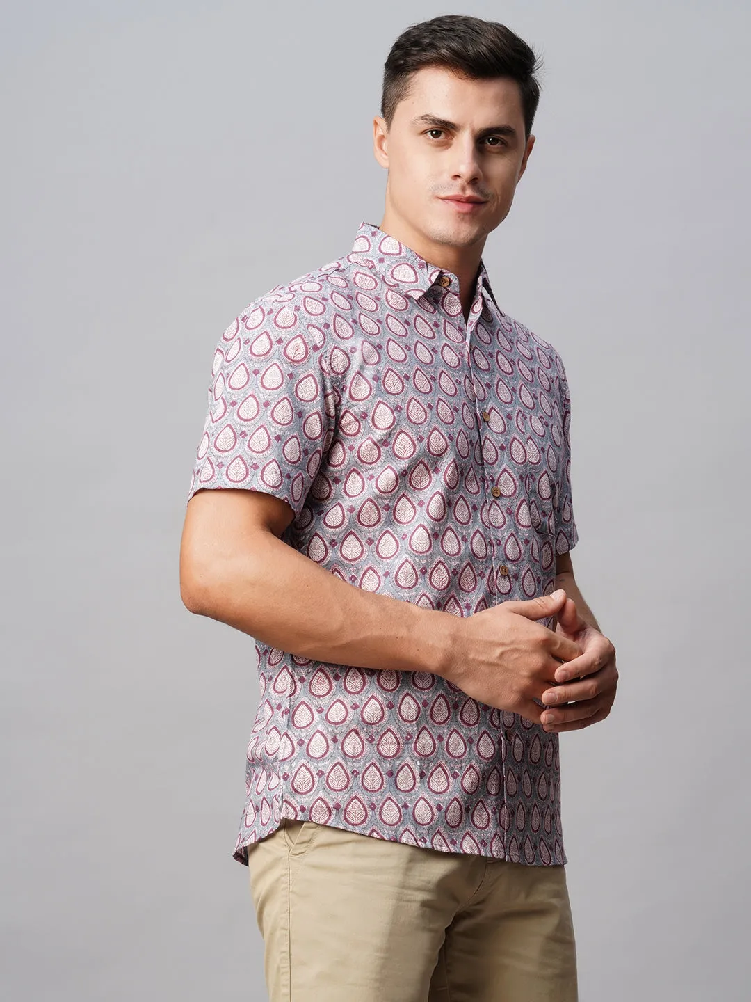 Men's Grey Cotton Regular Fit Printed Shirt