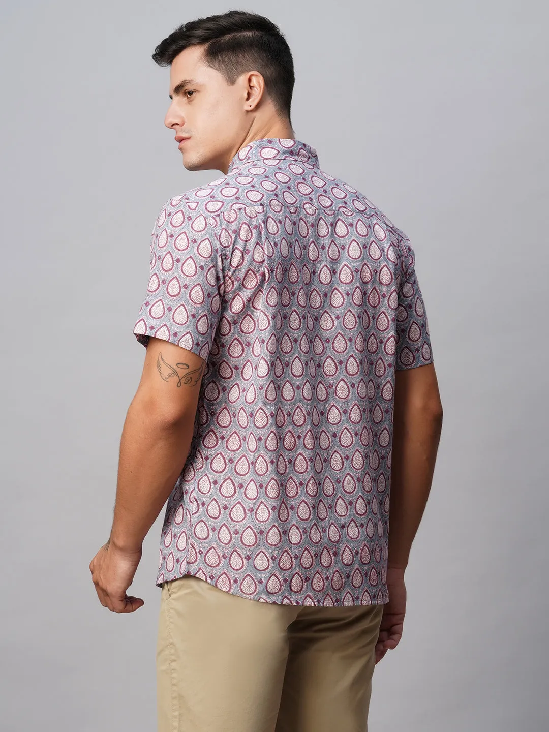 Men's Grey Cotton Regular Fit Printed Shirt