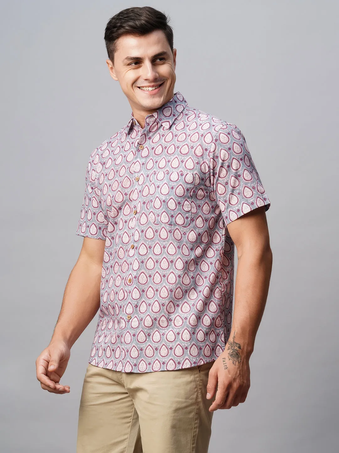 Men's Grey Cotton Regular Fit Printed Shirt