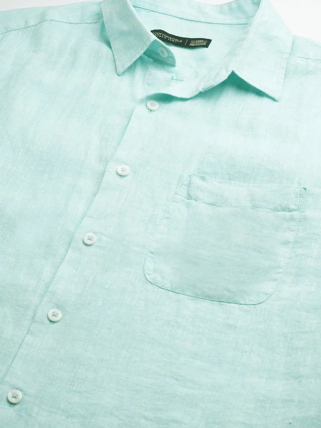 Men's Mint Green 100% Linen Regular Fit Short Sleeved Shirt