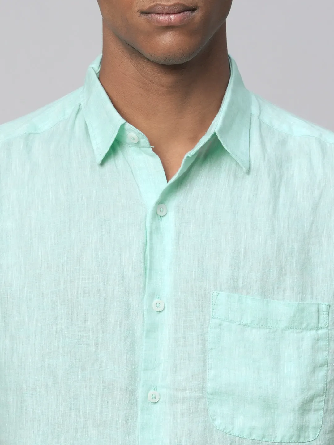 Men's Mint Green 100% Linen Regular Fit Short Sleeved Shirt