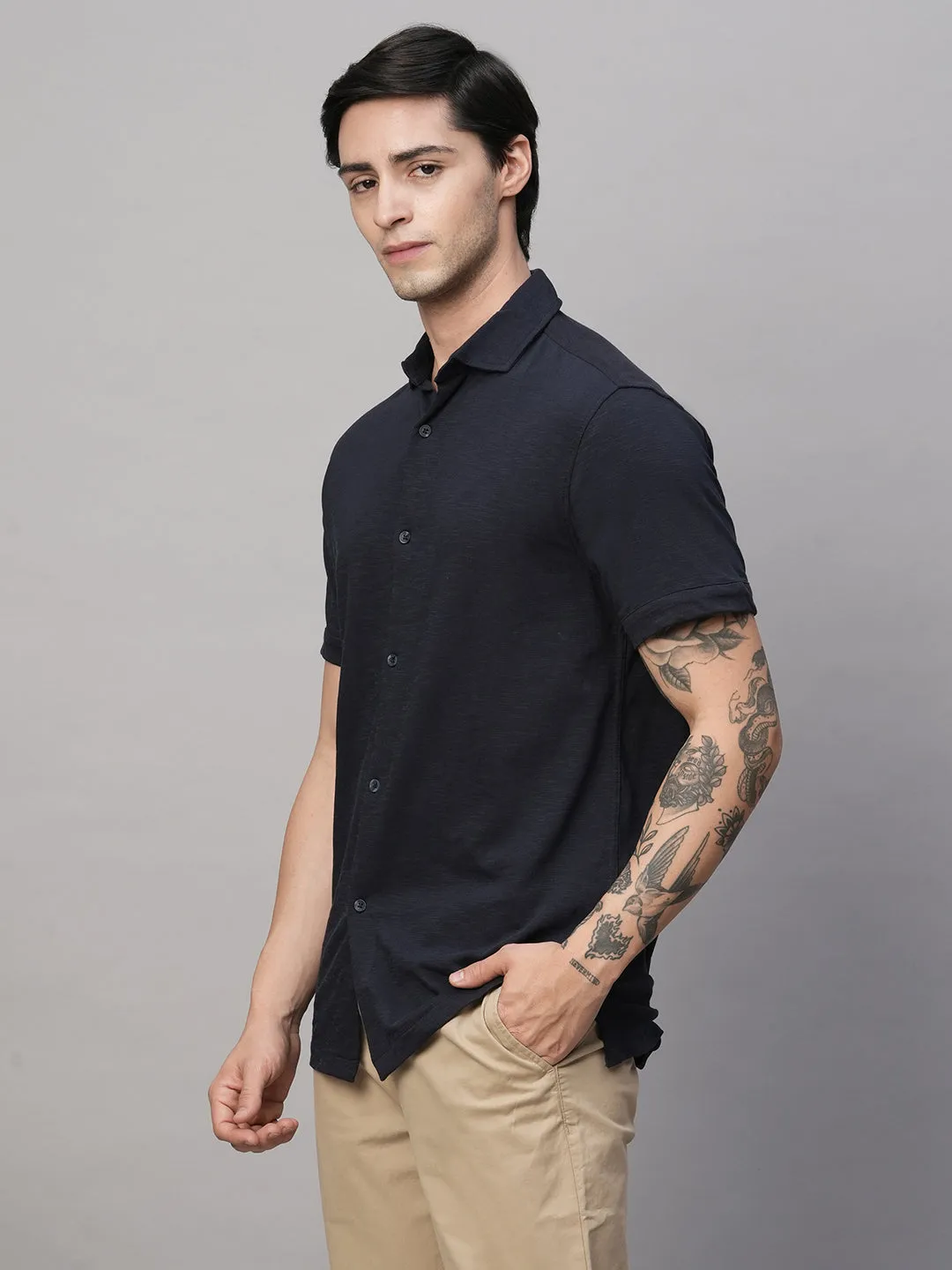 Men's Navy Cotton Regular Fit Tshirts