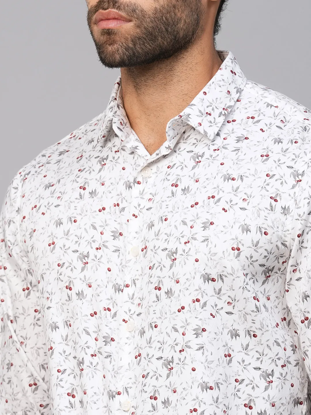 Men's White Cotton Slim Fit Printed Shirt