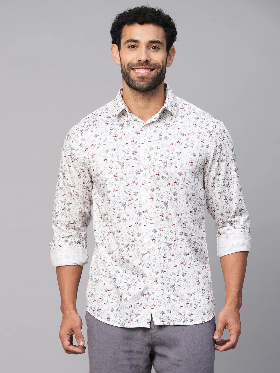 Men's White Cotton Slim Fit Printed Shirt