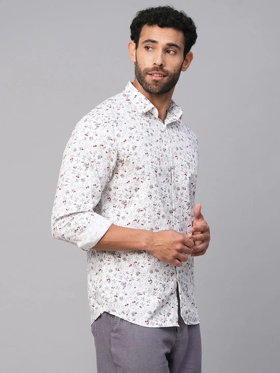 Men's White Cotton Slim Fit Printed Shirt