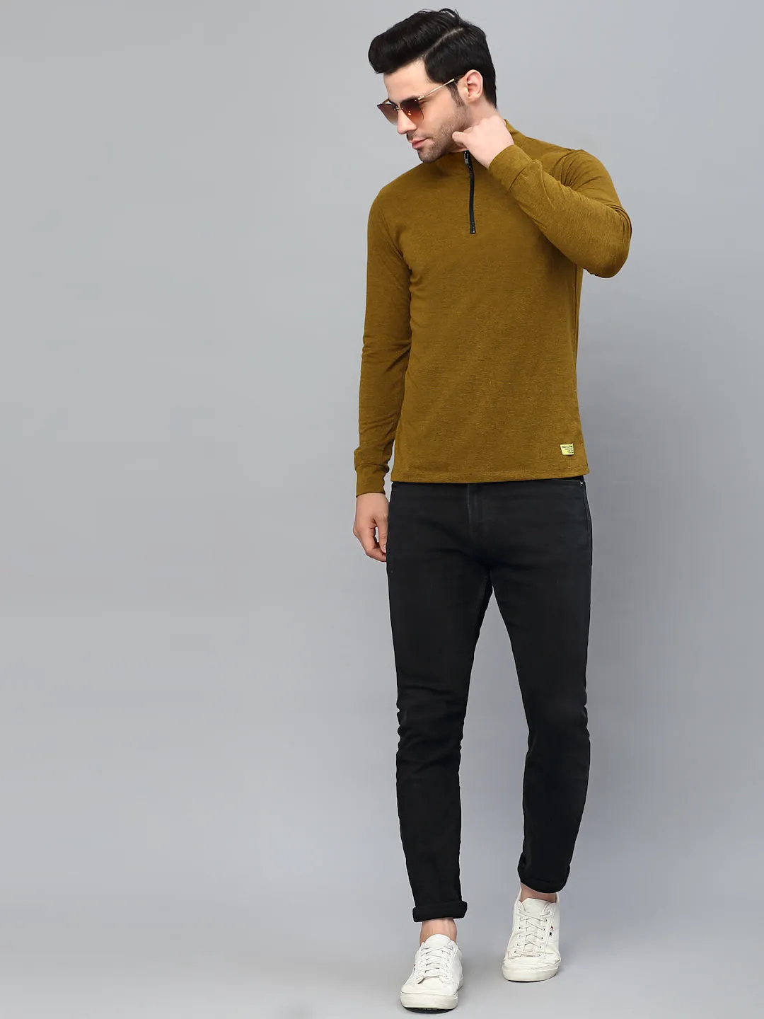 Mustard Black Henley Neck Full Sleeve T-Shirt