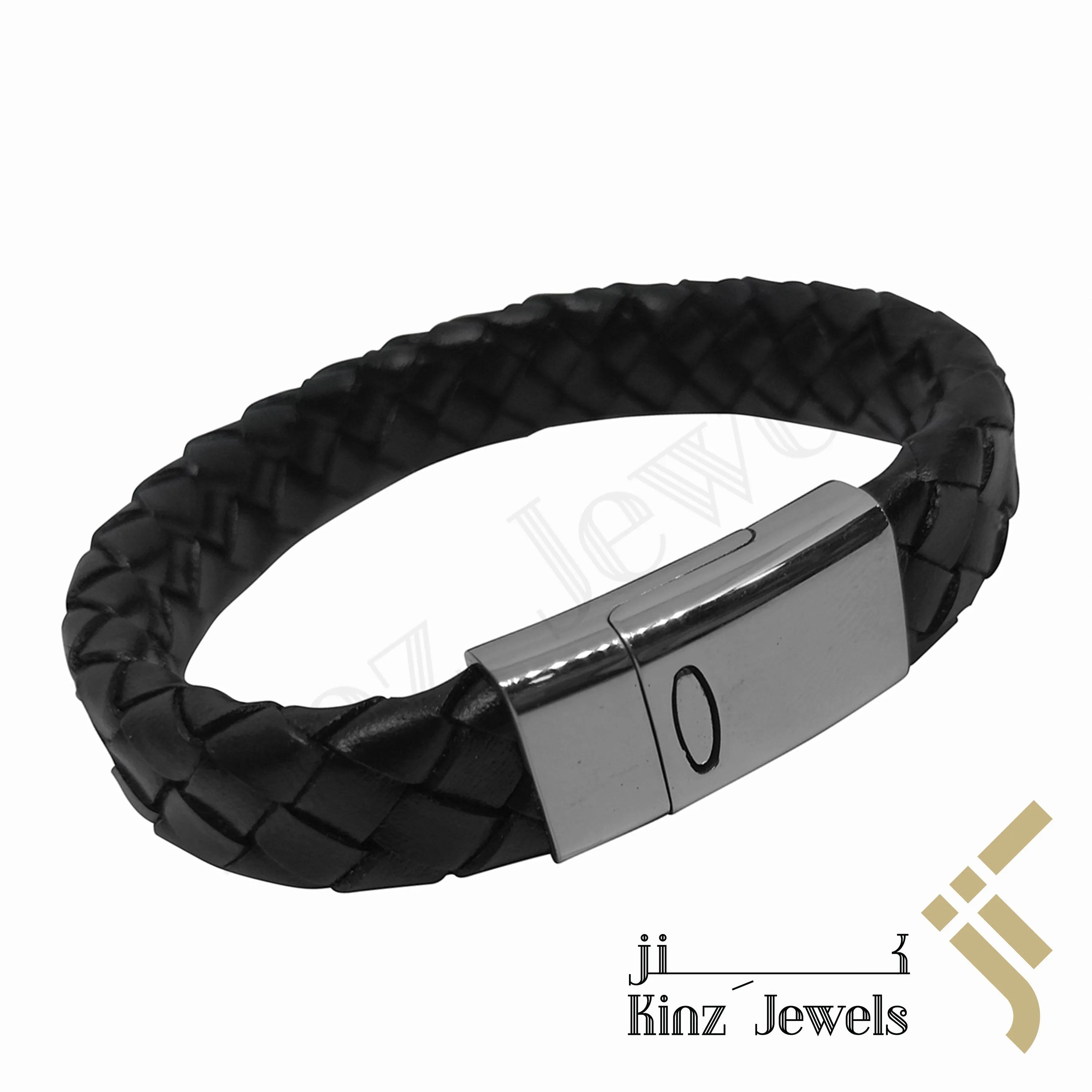 Personalized Black Braided High Quality Stainless Steel Italian Leather Bracelet