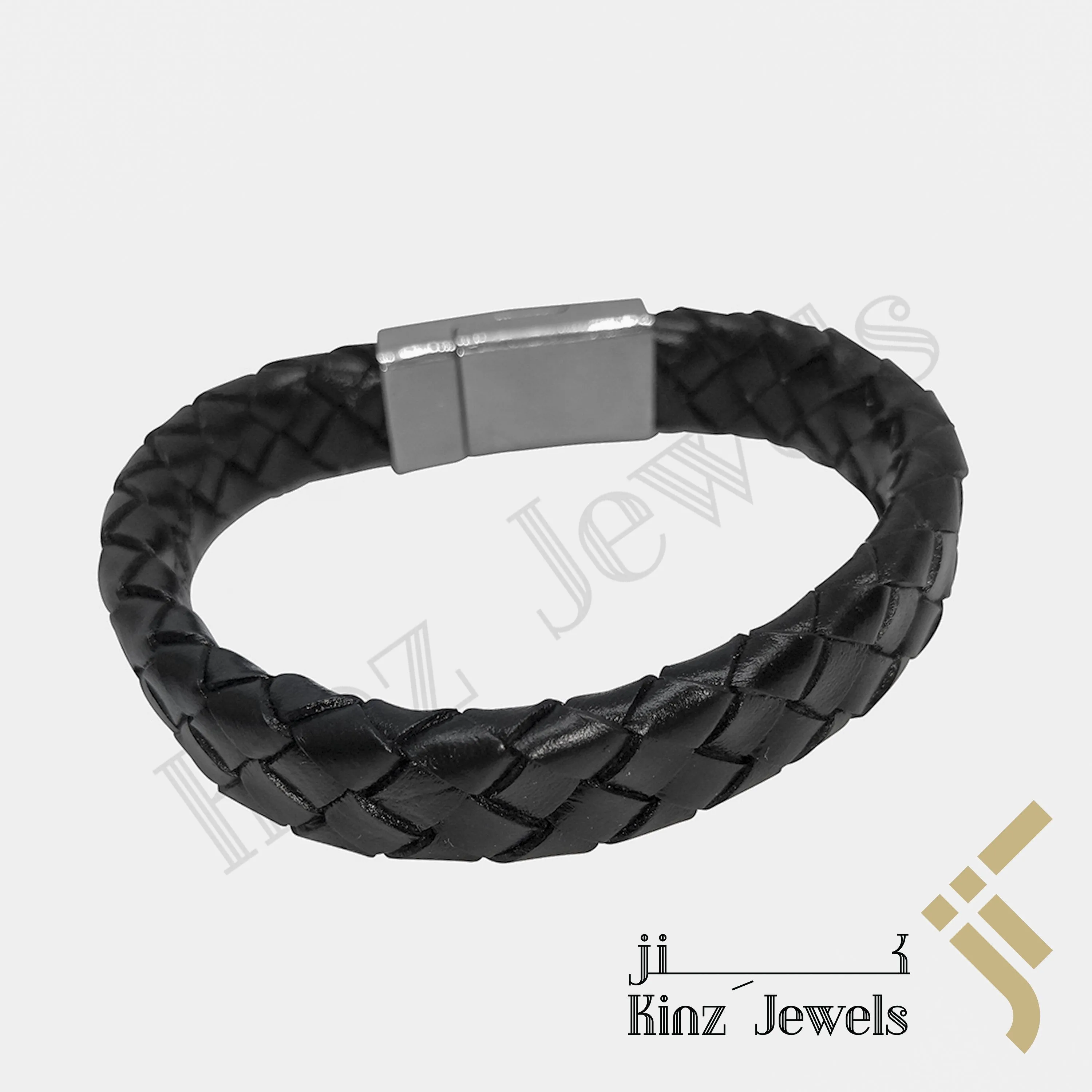 Personalized Black Braided High Quality Stainless Steel Italian Leather Bracelet