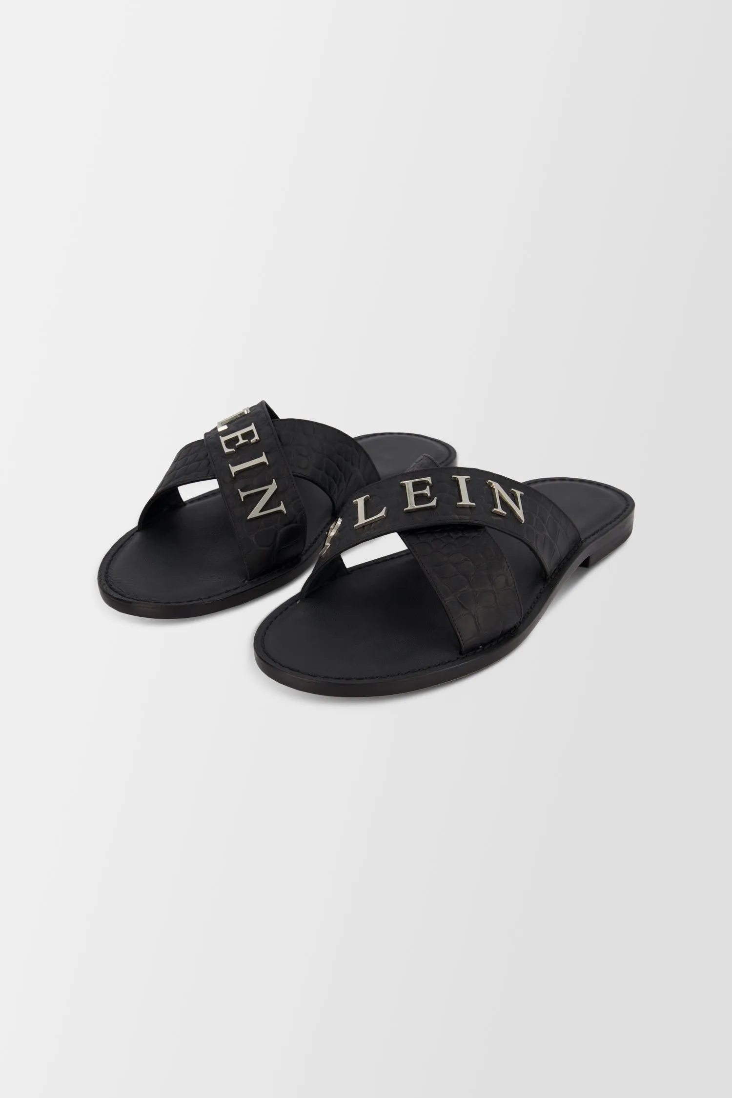 Philipp Plein Black Metal Logo Flat Slides