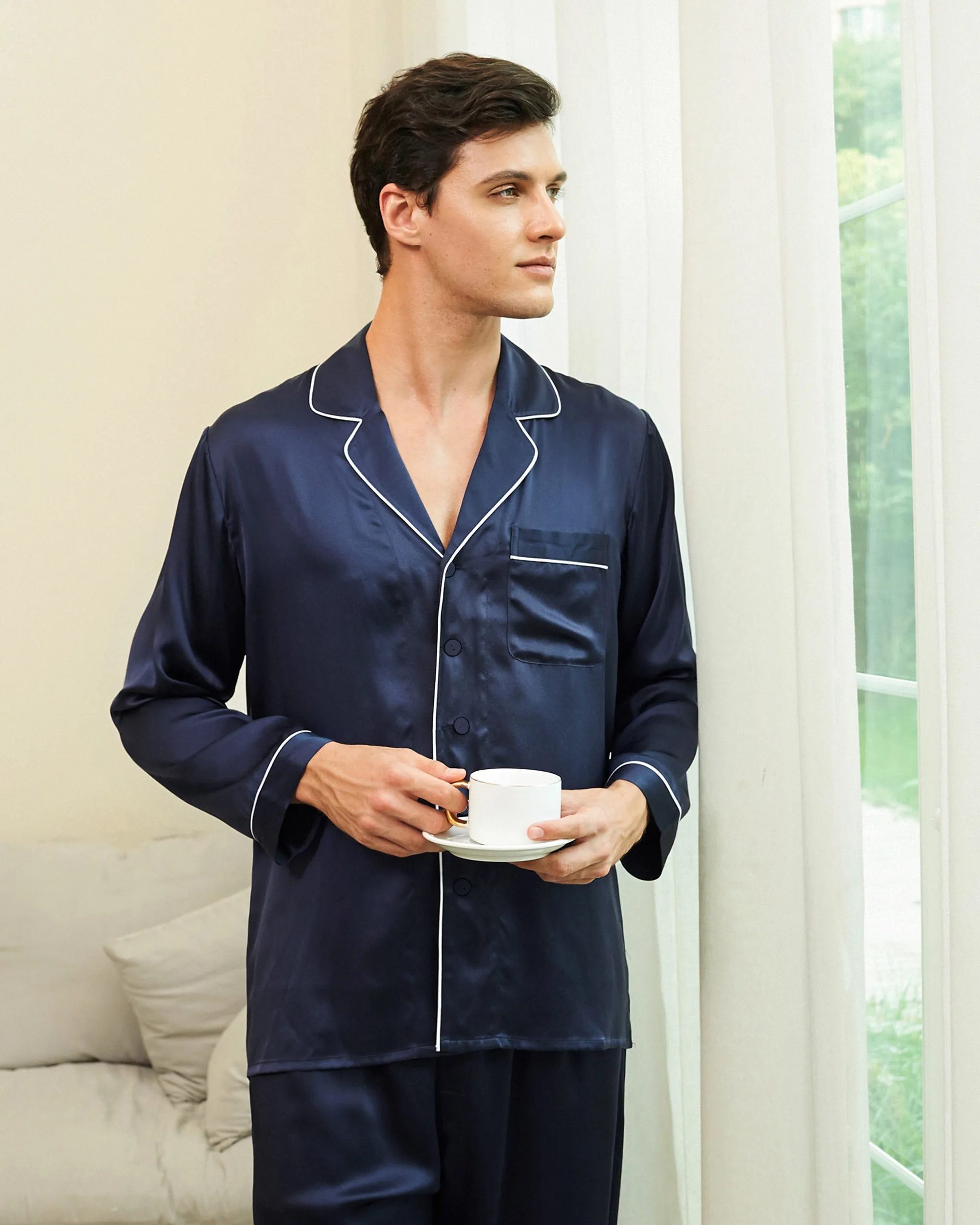 Piped Silk Pajamas - For Men