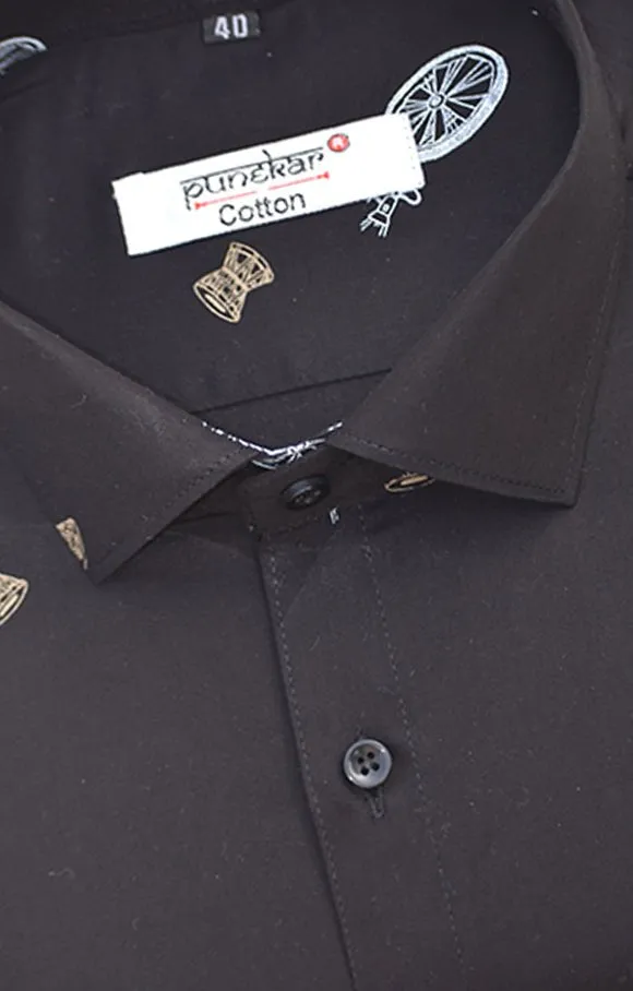 Punekar Cotton Printed Solid Black Color Pure Cotton Handmade Shirt For Men's.