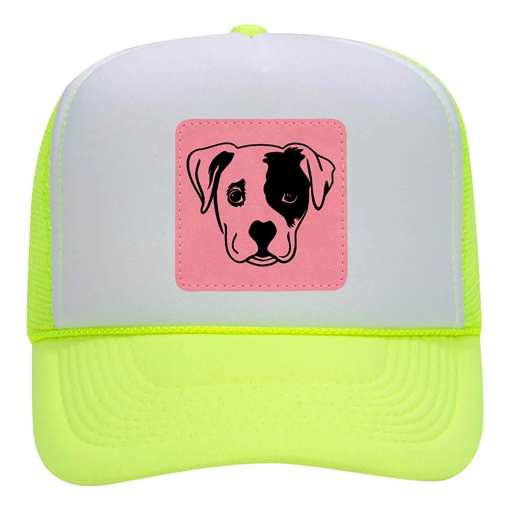 Puppy Dog Leatherette Neon 5 Panel High Crown Foam Mesh Back Trucker Hat - For Men and Women