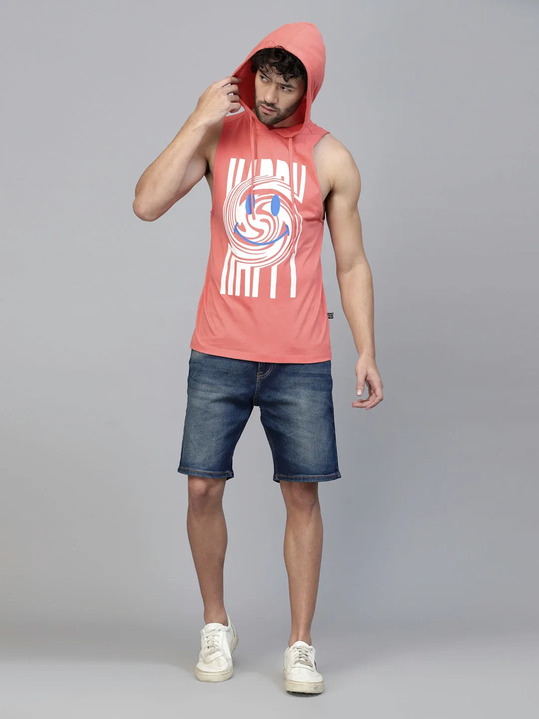 Quirky Print Cotton Jersey Hooded Vest T-Shirt