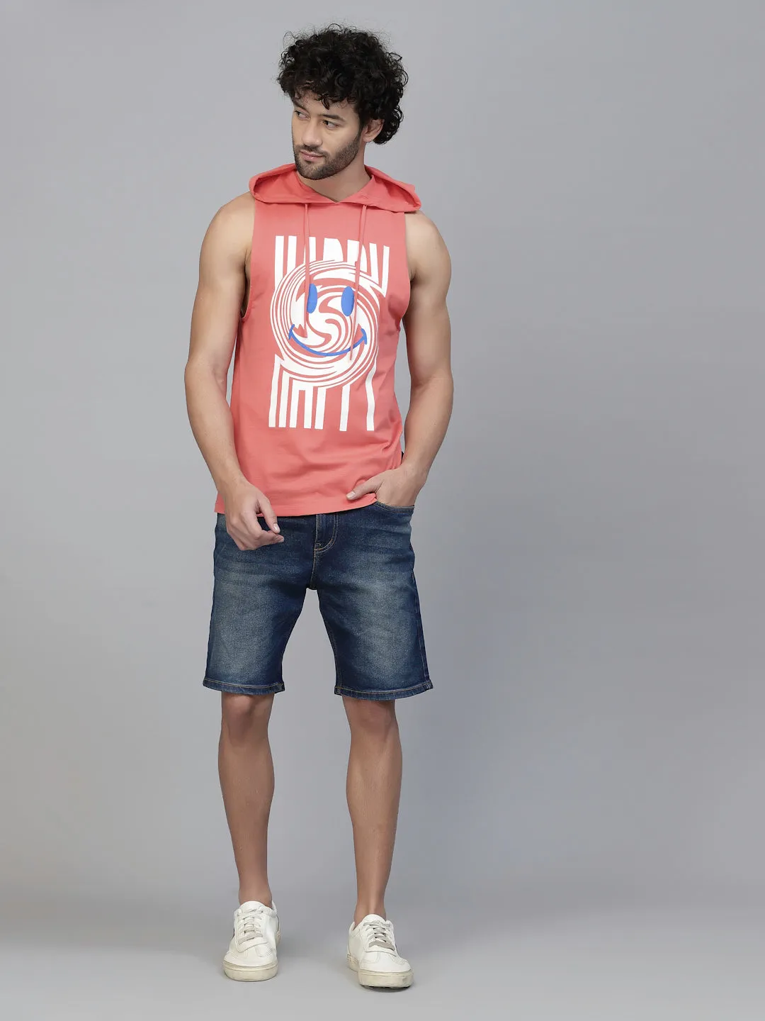 Quirky Print Cotton Jersey Hooded Vest T-Shirt