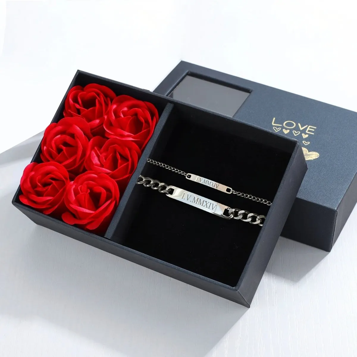 Rose Box   Engraved Couples Bracelets