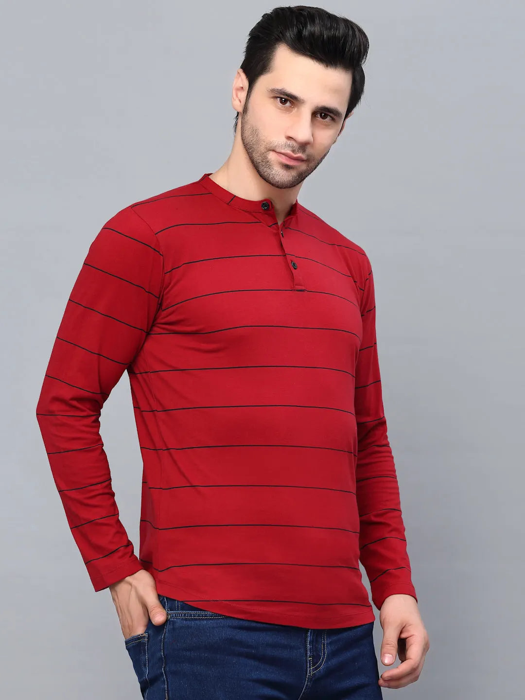 Striped Henley Neck Full Sleeve T- Shirt