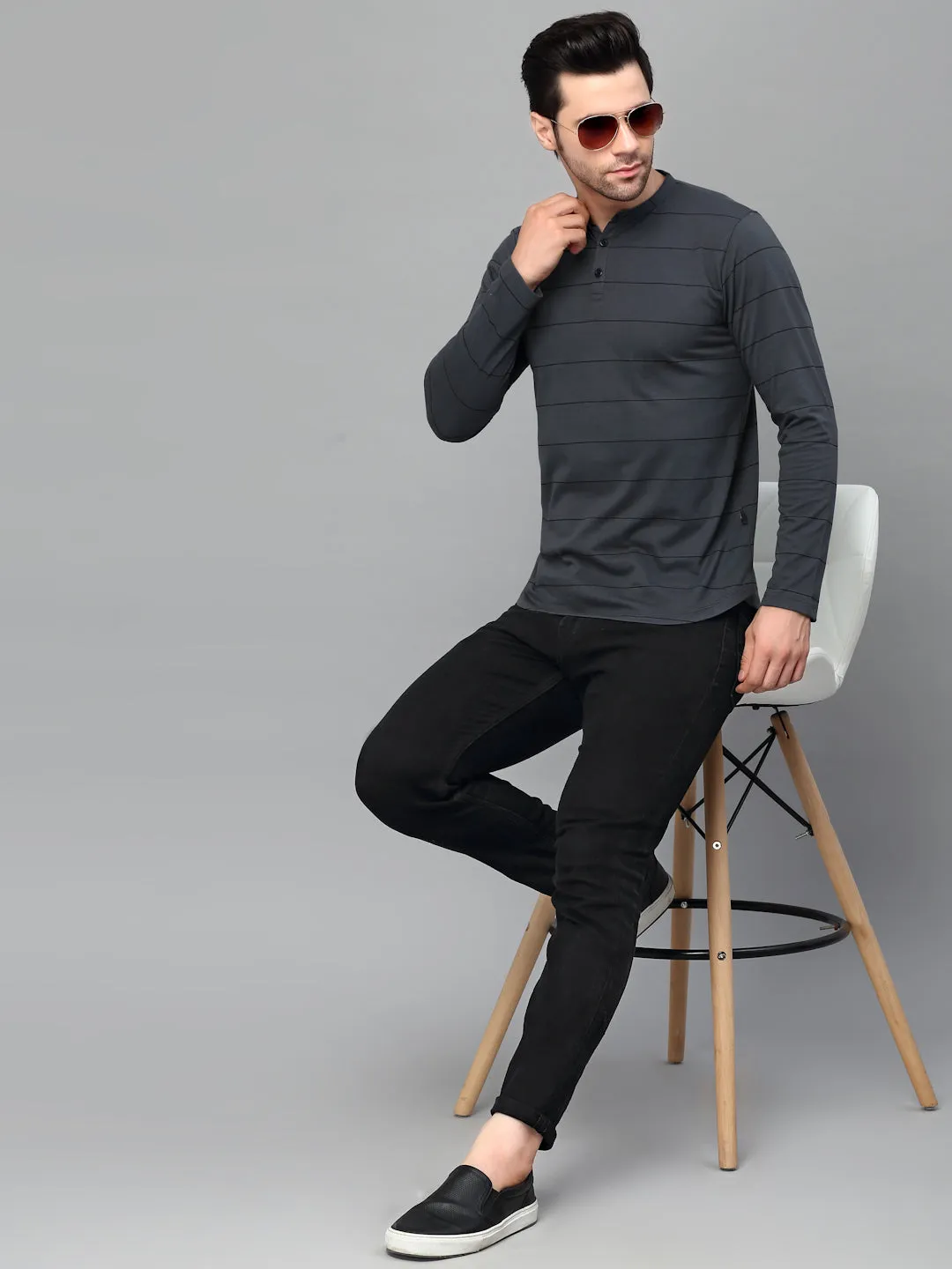 Striped Henley Neck Full Sleeve T- Shirt