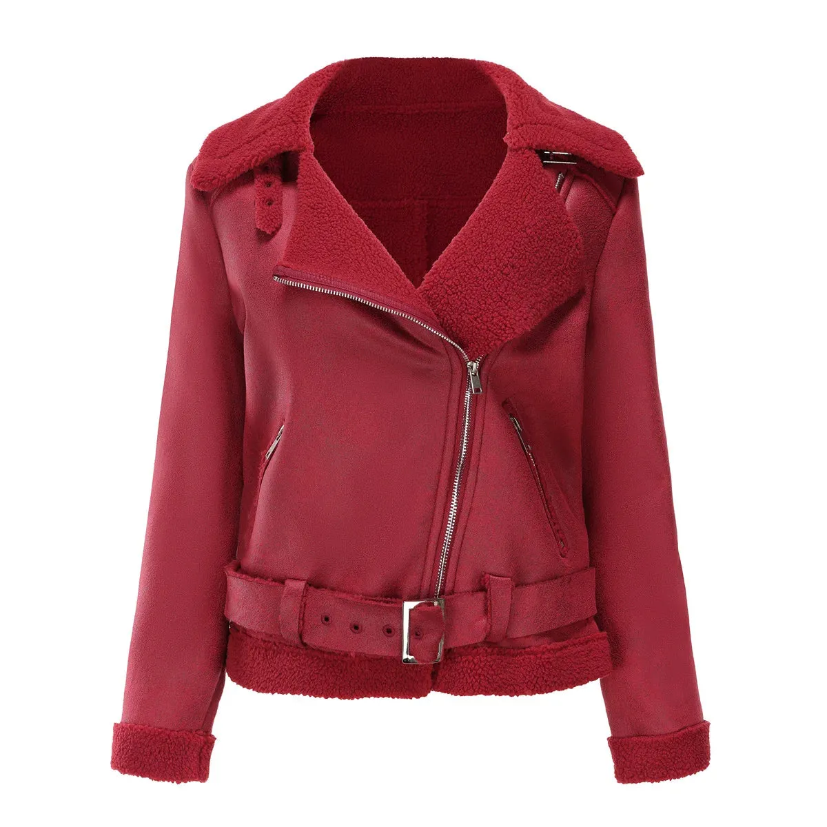 Stylish Warm Ladies Suede One Piece Jacket Leather Women Belted Coat