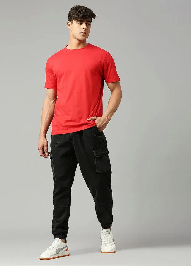 Washed Black Cargo Pocket Cotton Joggers for Men: Stylish & Comfortable Streetwear with Elastic Waistband