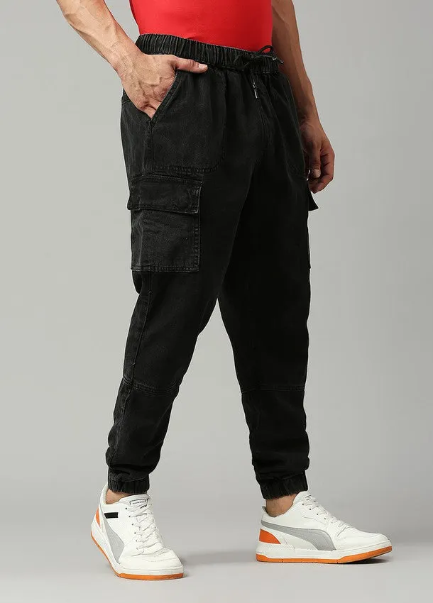 Washed Black Cargo Pocket Cotton Joggers for Men: Stylish & Comfortable Streetwear with Elastic Waistband