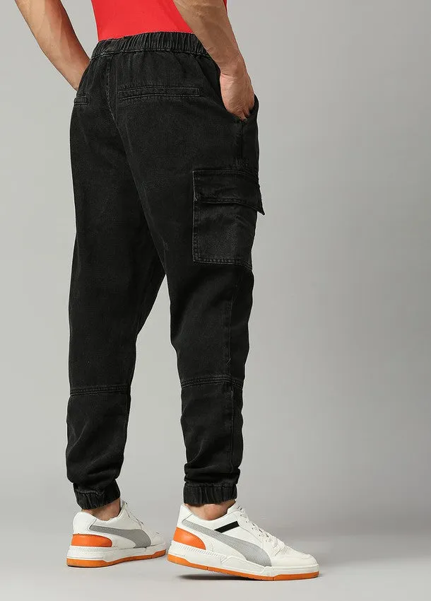 Washed Black Cargo Pocket Cotton Joggers for Men: Stylish & Comfortable Streetwear with Elastic Waistband