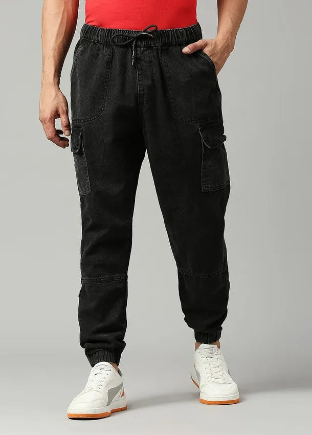 Washed Black Cargo Pocket Cotton Joggers for Men: Stylish & Comfortable Streetwear with Elastic Waistband